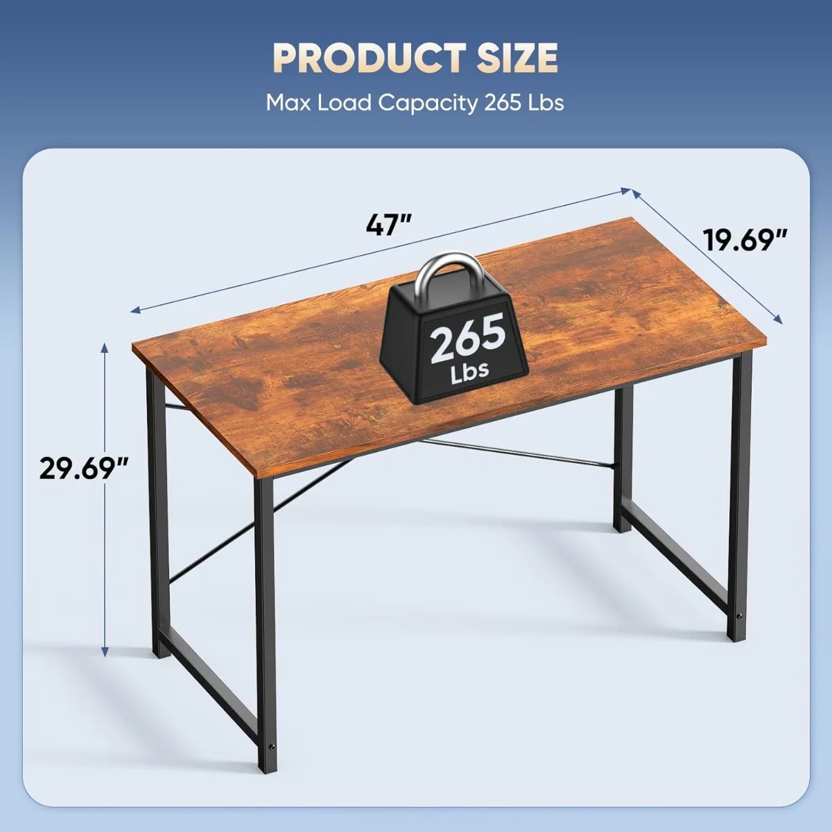32Inch Home Office Desk with Sturdy Steel Frame 3 | PricZone Desk with wood top and black metal legs showing dimensions 47 length 1969 depth 2969 height plus a 265 lb load capacity graphic on top | PricZone