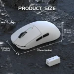 White wireless mouse resting on rocky ground with dashed dimension lines showing 117 mm 46 in long 616 mm 243 in wide and 38 mm 15 in tall a small battery pack sits nearby | PricZone