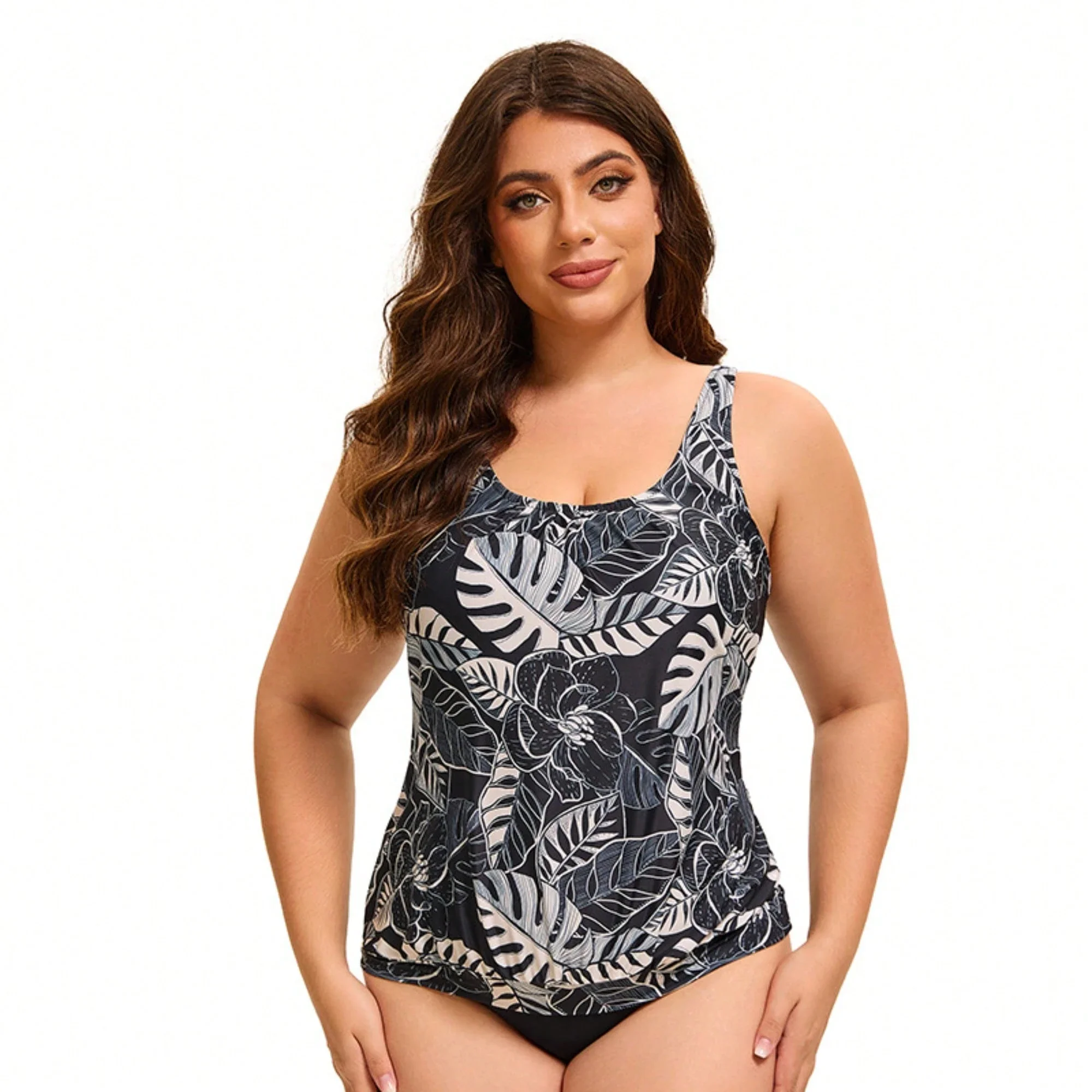 Plus Size Tropical Leaf Print One Piece Swimsuit with Tummy 4 | PricZone Plus Size Tropical Leaf Print One Piece Swimsuit with Tummy 4 | PricZone