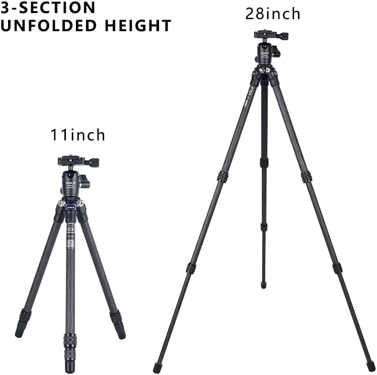 Two tripods: a compact 11-inch model on the left and a taller 28-inch model on the right, with height labels.
