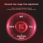 Neon red rotary dial with a central K logo sections labeled MT DKS TGL and Keystroke macro at the bottom Top reads Dynamic key range Free adjustment | PricZone