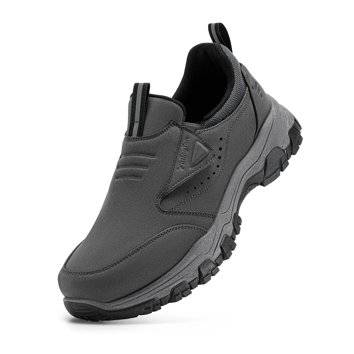 Gray slip-on sneaker with a chunky rugged sole, angled view showing pull tabs and stitched panels on the upper.
