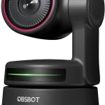 4K Ptz Webcam with Ai Auto Tracking Hdr 60Fps Dual Mic 1 | PricZone OBSBOT webcam on its base showing a round lens with a pink ring and a green status bar glow at the base | PricZone
