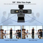 4K Webcam with 120° Wide Angle Pdaf Autofocus 3 | PricZone Center a conference webcam with a 120° wide view angle blue lines show the field of view across a boardroom with people seated around a table | PricZone