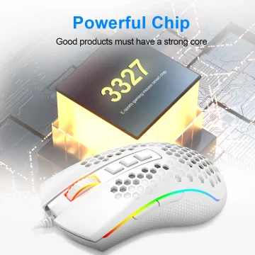 Promotional image of a white RGB gaming mouse beside a glowing yellow chip block labeled 3327 with the headline 'Powerful Chip'.