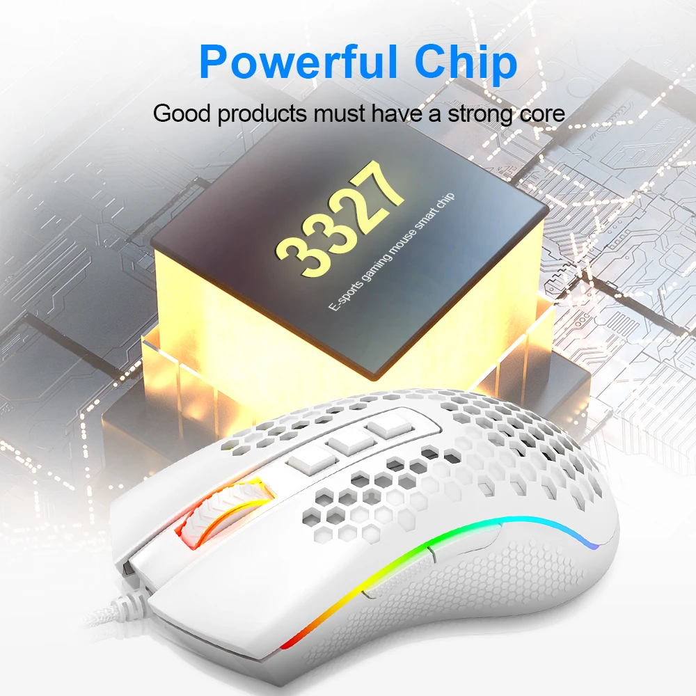 Redragon Storm M808 USB Wired RGB Gaming Mouse 2 | PricZone Promotional image of a white RGB gaming mouse beside a glowing yellow chip block labeled 3327 with the headline Powerful Chip | PricZone