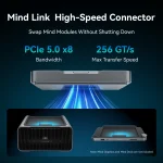 Khadas Mind 2S Mini PC with Intel Core Ultra 7 255H 3 | PricZone Ad for Mind Link High Speed Connector showing a slim metallic module with PCIe 50 x8 bandwidth and 256 GTs transfer speed | PricZone
