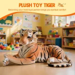 Soft plush tiger lying on a playroom floor with colorful toys header reads PLUSH TOY TIGER and the slogan about loyalty | PricZone