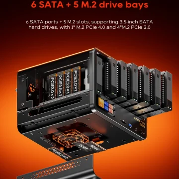 Industrial server chassis with 11 drive bays and hot-swappable SSD/HDD slots, orange-red gradient background