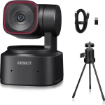 4K Ptz Webcam with Ai Tracking 1080P60Fps Hdr Noise 1 | PricZone OBSBOT webcam mounted on a swivel stand with a USB C cable and an accompanying small tripod shown beside it | PricZone