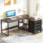 Tribesigns LShaped Computer Desk with Storage Drawers 1 | PricZone Modern home office workspace with a wood desk computer monitor keyboard mouse and a gold decorative lamp near a window on the right | PricZone