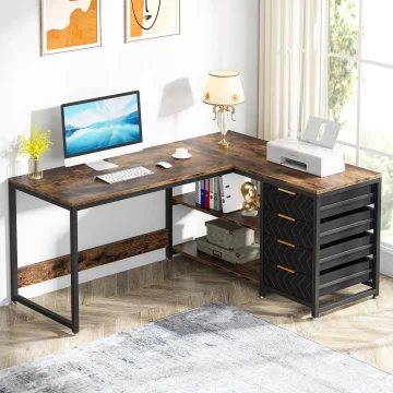 Modern home office workspace with a wood desk, computer monitor, keyboard, mouse, and a gold decorative lamp near a window on the right.