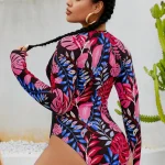 Plus Size Long Sleeve One Piece Swimsuit with Tropical Leaf 6 | PricZone