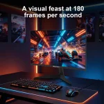 Gaming desk setup with a high end monitor displaying a fast racing scene RGB keyboard and mouse neon lighting and posters in the background Tagline reads A visual feast at 180 frames per second | PricZone
