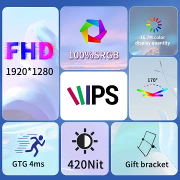 Tile shows 'FHD' with 1920×1280 resolution on a soft, abstract background suitable for a monitor spec sheet.
