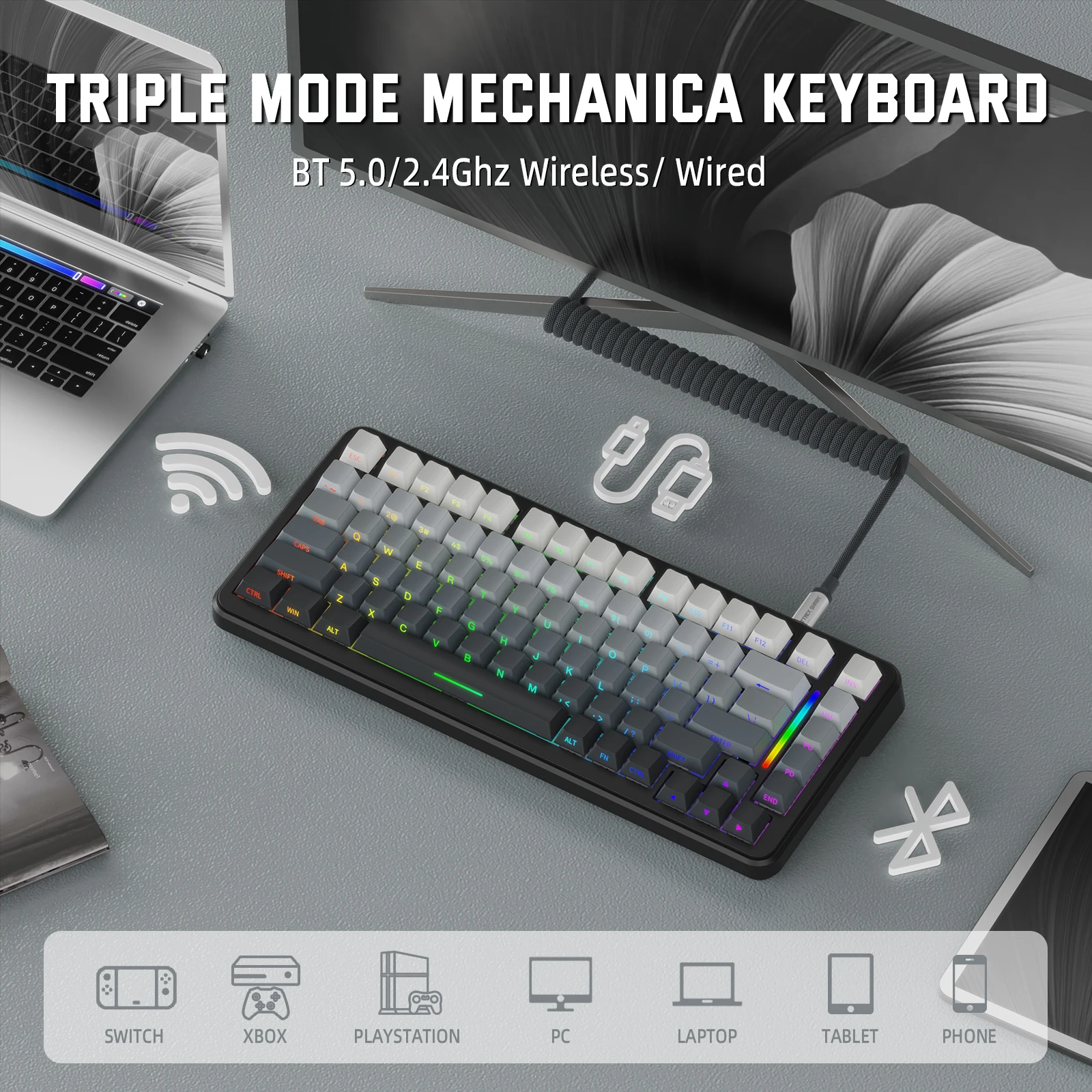 Attack Shark M86 Pro Wireless Mechanical Keyboard TriMode 5 | PricZone Banner image showing a RGB mechanical keyboard with a laptop and a monitor text reads Triple Mode Mechanical Keyboard and BT 5024GHz WirelessWired | PricZone
