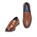 Brown leather tassel loafers with a white sole shown from top and side views | PricZone