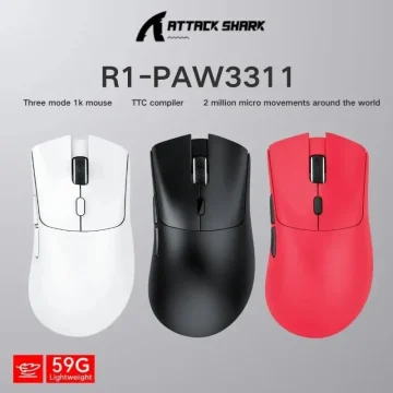 Attack Shark R1-PAW3311 gaming mice in white, black, and red shown side by side on a gray gradient background.