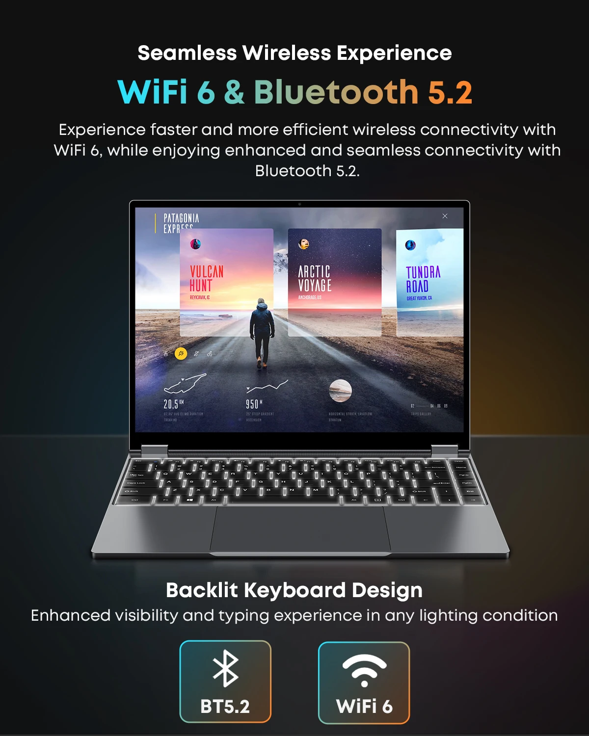 Chuwi Freebook 2In1 Laptop Inteln150 134 Touch 25K 4 | PricZone Laptop advertised with a panoramic screen showing travel cards headline reads Seamless Wireless Experience and WiFi 6 Bluetooth 52 highlighting wireless connectivity features | PricZone