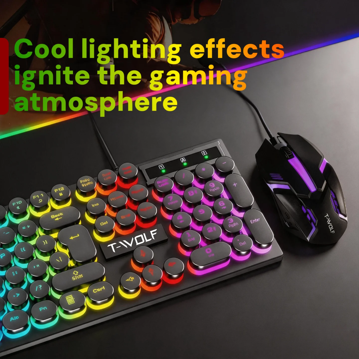 RGB backlit mechanical keyboard with round keys and a glowing rainbow underglow next to a purple-lit gaming mouse on a dark desk.