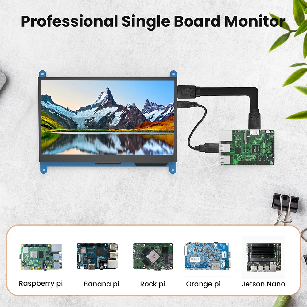 Professional single-board monitor wired to an SBC; bottom row shows Raspberry Pi, Banana Pi, Rock Pi, Orange Pi, Jetson Nano.