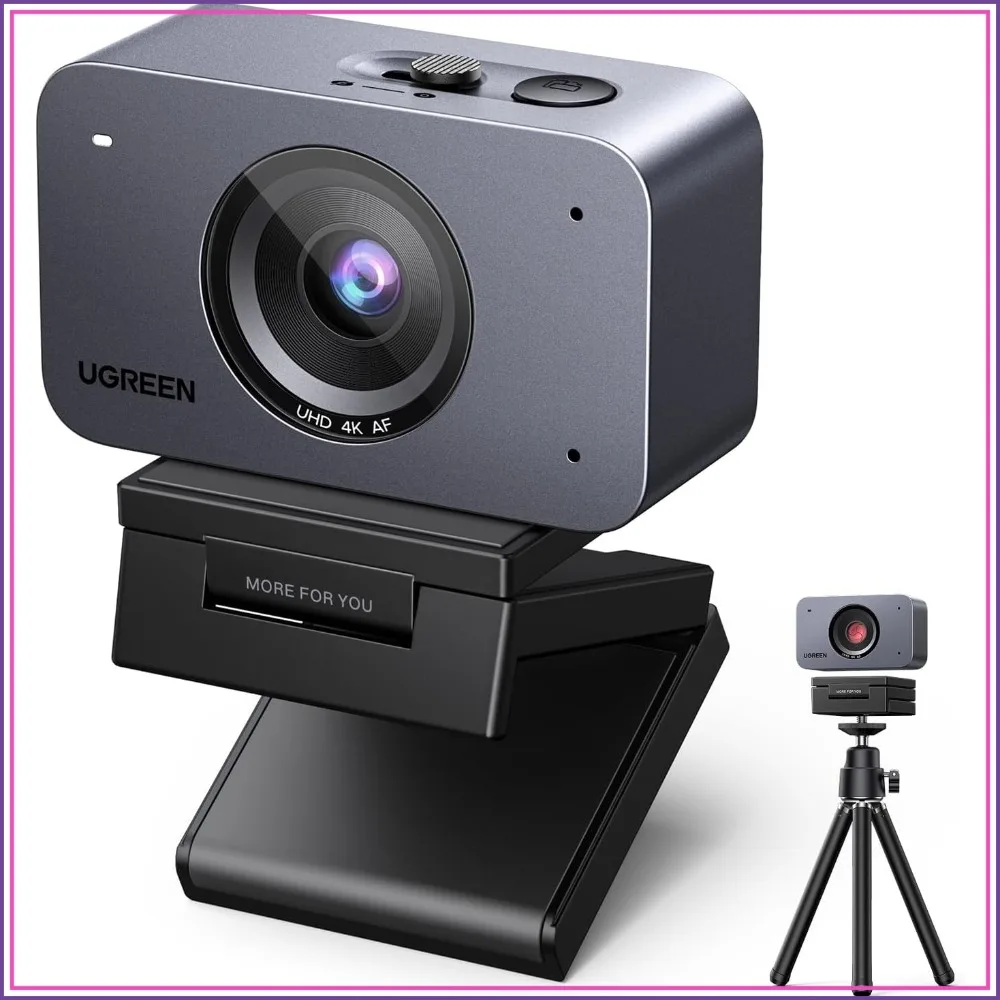 4K Webcam for PCMac with 1080P 60Fps Auto Focus and AI 1 | PricZone Gray UGREEN action camera mounted on a black adjustable stand with a small tripod visible in the background | PricZone