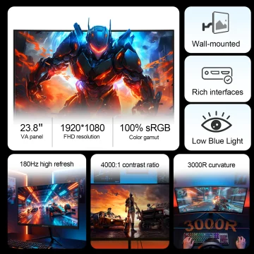 Reletech 23.8Inch 180Hz Curved Gaming Monitor Fhd Va 2
