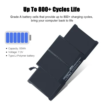Laptop battery pack with heading 'Up To 800+ Cycles Life' and specs: 55Wh, 7.3V, Li-Polymer battery.