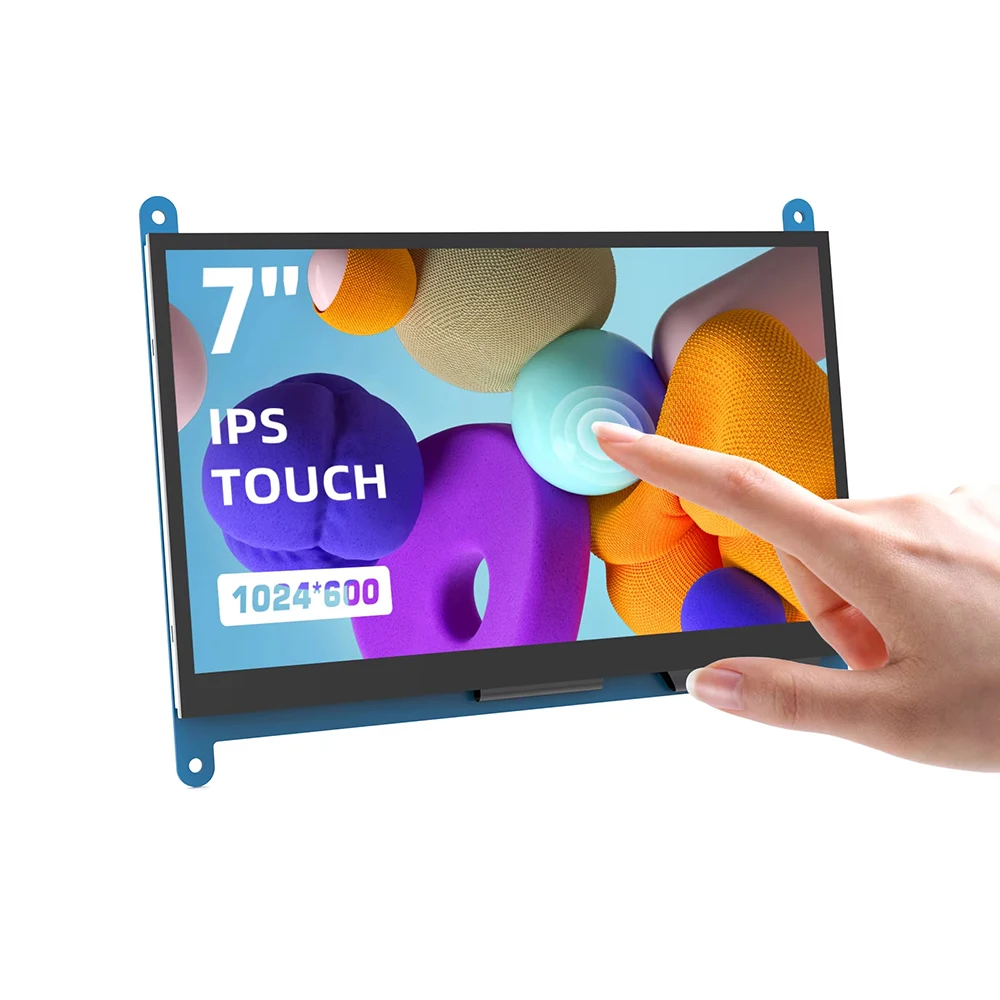 Inch Raspberry Pi Monitor 1024X600 HD IPS Touchscreen 1 | PricZone 7 inch IPS touchscreen monitor mounted on a blue bracket with a finger tapping the screen | PricZone
