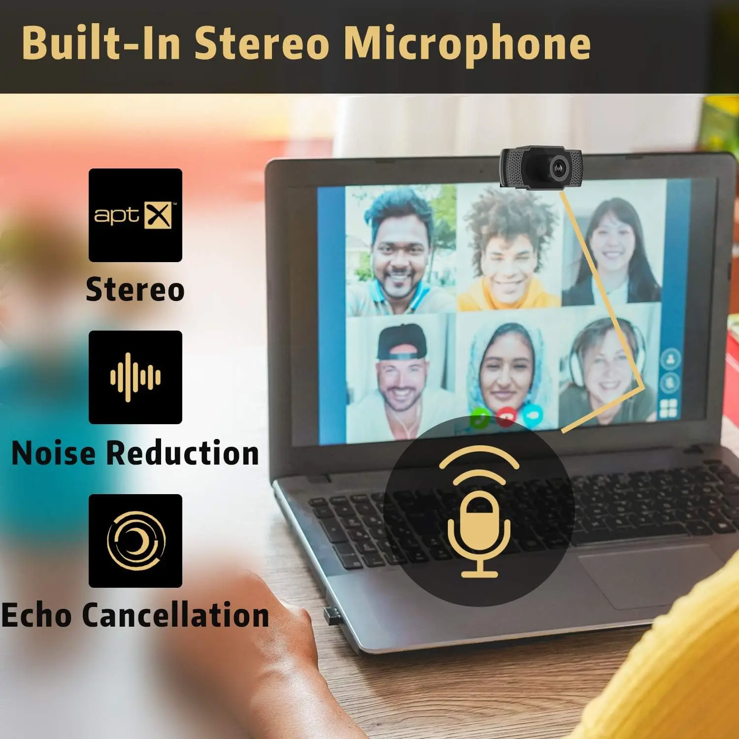 Laptop displaying a video call grid with overlays highlighting built-in stereo microphone, aptX, noise reduction, and echo cancellation features.