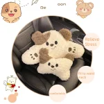 Cute Dog Design Car Seat Headrest and Lumbar Pillow 4 | PricZone Two fluffy beige brown bear shaped car neck pillows in a car seat designed to relieve stress and be comfortable on long drives | PricZone