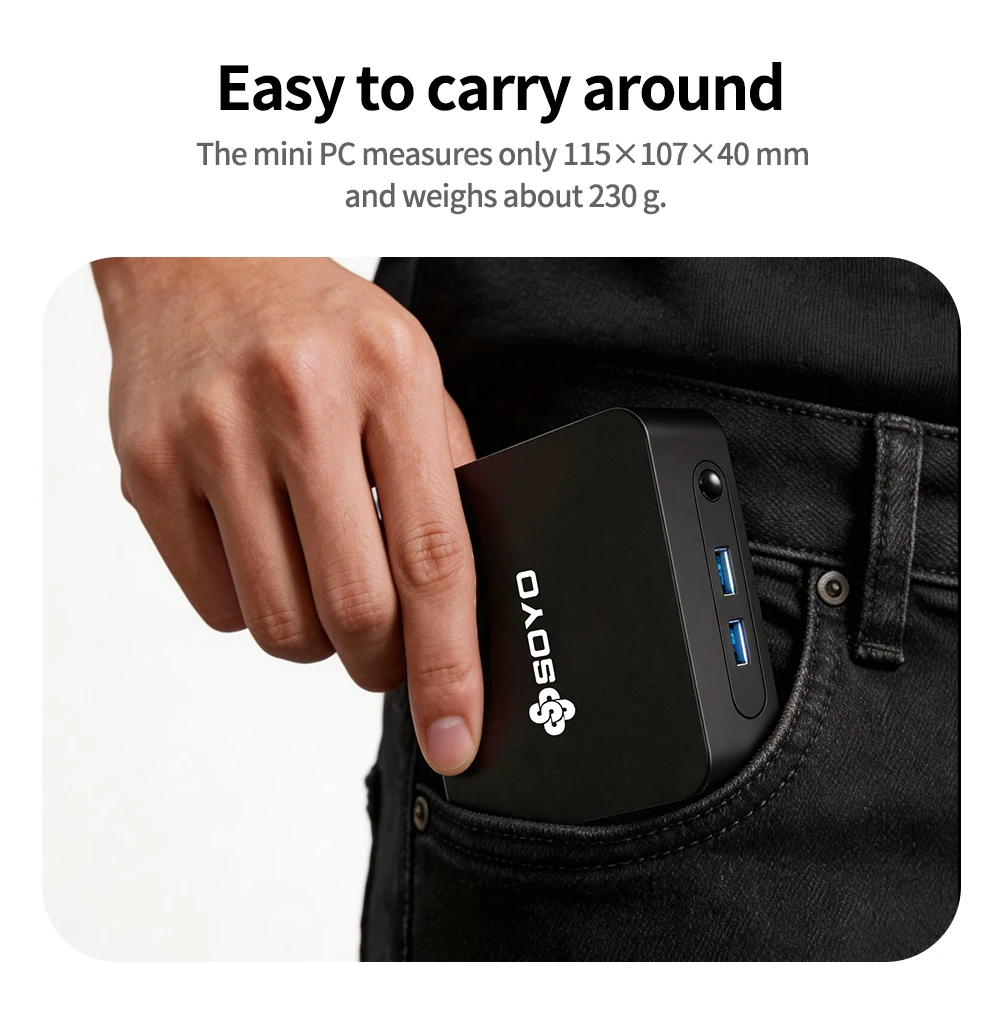Compact black mini PC tucked into a jeans pocket, illustrating its portable, pocket-sized design (115x107x40 mm, ~230 g).