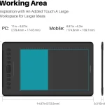 Graphics Drawing Tablet with 8192 Pressure Sensitivity 4 | PricZone Infographic showing a large drawing tablet with measurements PC area 11in x 687in and Mobile area 687in x 43in overall width 1467in with 0315in thickness | PricZone