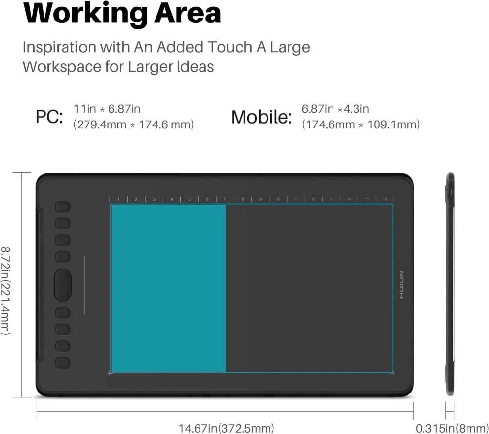 Graphics Drawing Tablet with 8192 Pressure Sensitivity 4 | PricZone Infographic showing a large drawing tablet with measurements PC area 11in x 687in and Mobile area 687in x 43in overall width 1467in with 0315in thickness | PricZone