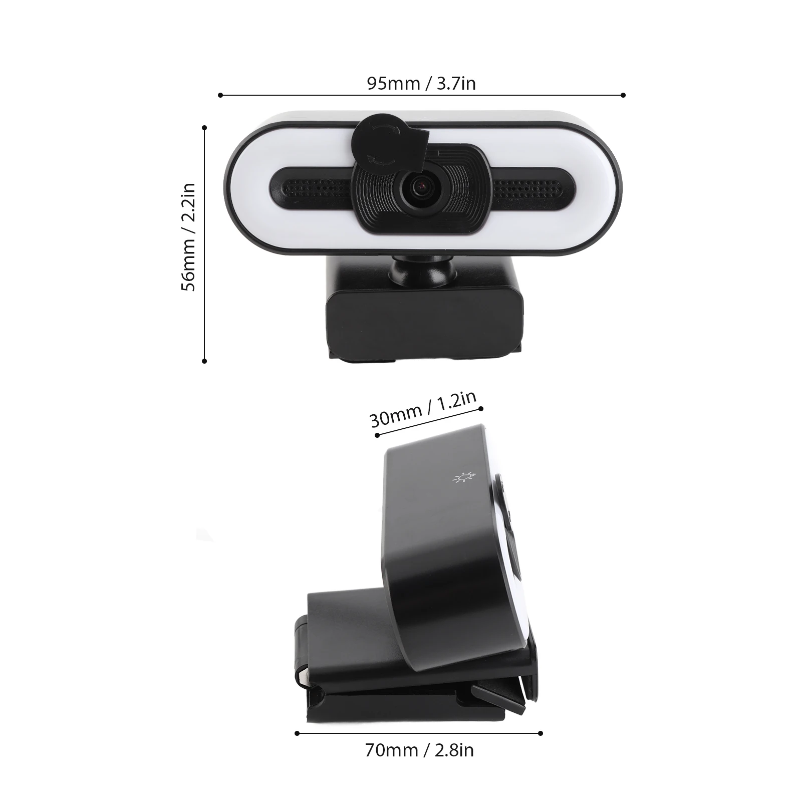 Front view of a webcam mounted on a stand with overall width 95 mm (3.7 in) and height 56 mm (2.2 in).