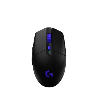 Top down view of a black gaming mouse with a blue illuminated scroll wheel and blue logo on a white background | PricZone