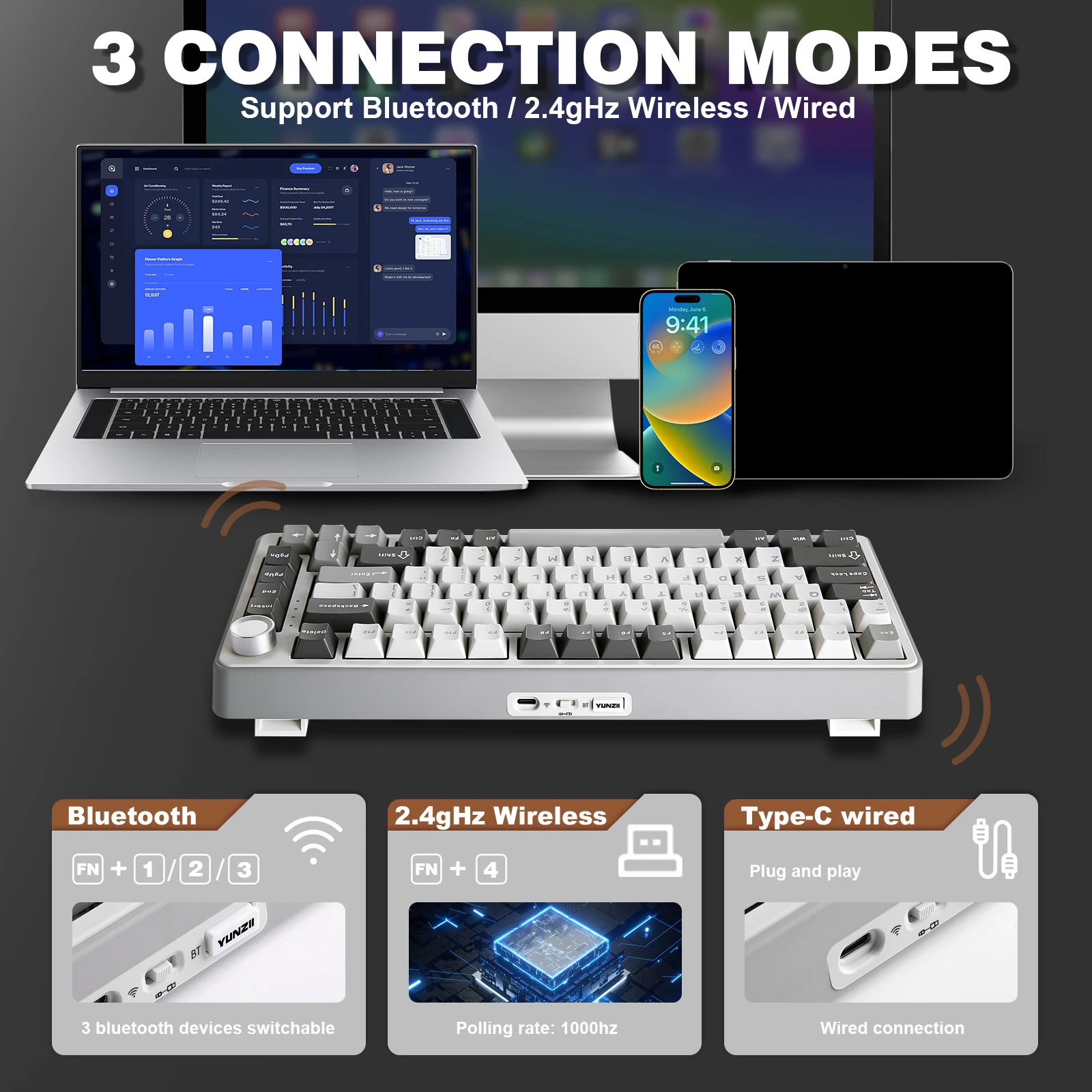 Yunzii B75 Pro 82Key Wireless Mechanical Gaming Keyboard 5 | PricZone Three connection modes Bluetooth 24GHz wireless and wired shown with laptop tablet phone and keyboard | PricZone