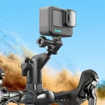 Rotating Motorcycle Bike Camera Holder for DJI Insta360 6 | PricZone Action camera mounted on a bicycle handlebar during an off road ride against a blue sky and dirt spray | PricZone