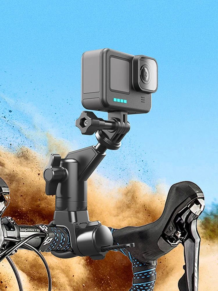 Rotating Motorcycle Bike Camera Holder for DJI Insta360 6 | PricZone Action camera mounted on a bicycle handlebar during an off road ride against a blue sky and dirt spray | PricZone
