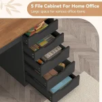 Computer Desk with Storage and Power Outlets 6 | PricZone Five drawer black filing cabinet open with folders and supplies visible in each drawer on a wooden floor | PricZone