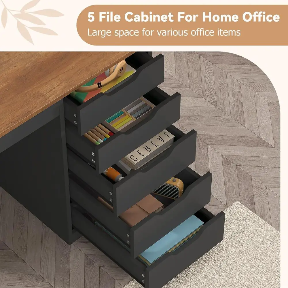 Computer Desk with Storage and Power Outlets 6 | PricZone Five drawer black filing cabinet open with folders and supplies visible in each drawer on a wooden floor | PricZone