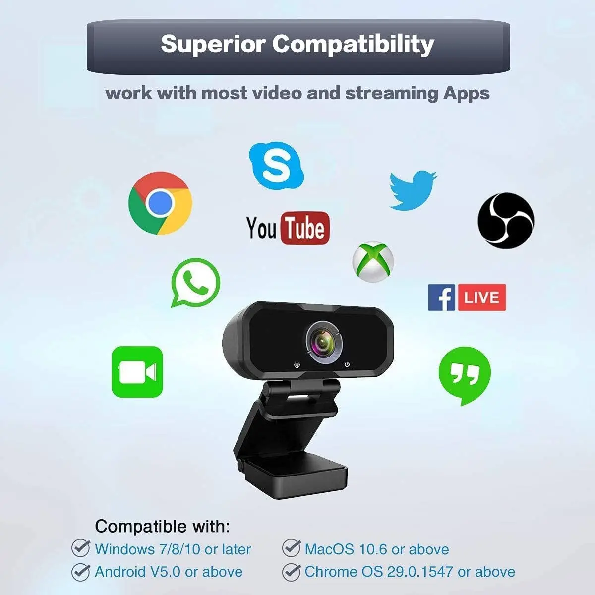 Webcam surrounded by major video/streaming app logos (Chrome, YouTube, Skype, Twitter, Facebook Live, WhatsApp, Hangouts), indicating broad compatibility.