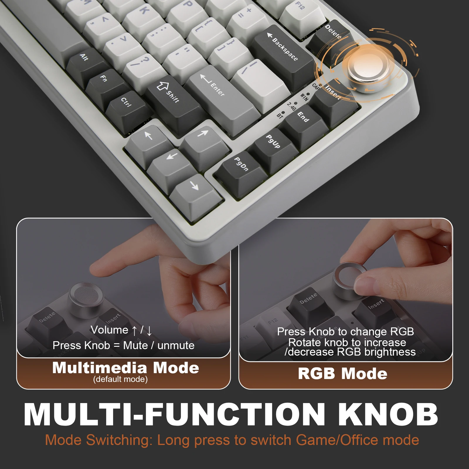Yunzii B75 Pro 82Key Wireless Mechanical Gaming Keyboard 4 | PricZone Close up of a retro style keyboard with a large multifunction knob overlays show Multimedia Mode and RGB Mode instructions | PricZone
