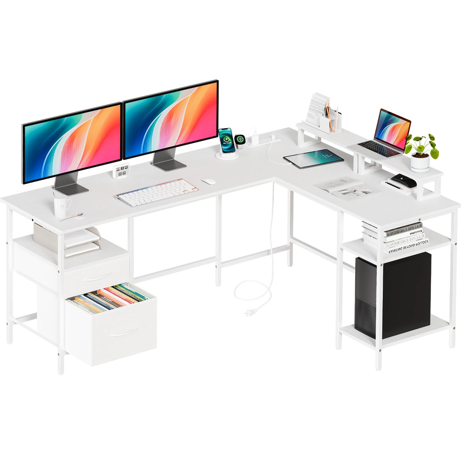 White L-shaped desk setup with two large computer monitors, a keyboard and mouse, tablet, smartphone stand, laptop, and a small plant on the side.