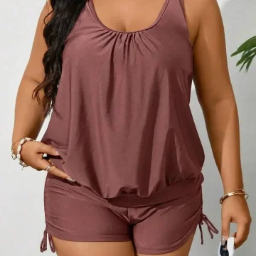 Plus Size Women Solid Color Round Neck Drawstring Ruched 1