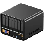 Black 8 bay NAS enclosure with drive bays and a front display panel displaying status icons and controls | PricZone