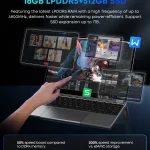 Chuwi Freebook 2In1 Laptop Inteln150 134 Touch 25K 3 | PricZone Marketing image of a laptop with multiple floating transparent screens around the display illustrating multitasking and performance 16GB LPDDR5 RAM + 512GB SSD for high capacity storage | PricZone