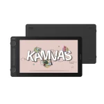 Huion Kamvas 13 Gen 3 Graphics Tablet 16K Levels Pressure 8 | PricZone Front and back view of a black Kamvas drawing tablet the screen shows the word KAMVAS with cartoon doodles and gifts on a pink background | PricZone