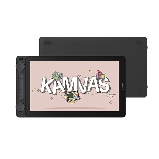 Huion Kamvas 13 Gen 3 Graphics Tablet 16K Levels Pressure 8 | PricZone Front and back view of a black Kamvas drawing tablet the screen shows the word KAMVAS with cartoon doodles and gifts on a pink background | PricZone