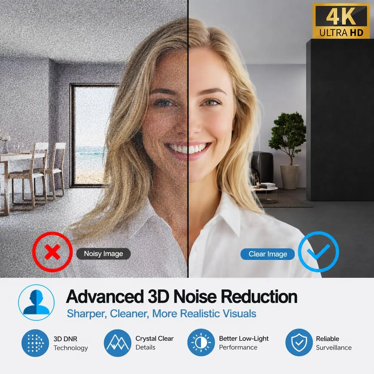Split-screen before/after comparison: left is grainy/noisy image, right is clear portrait, showcasing Advanced 3D Noise Reduction promotional visual.